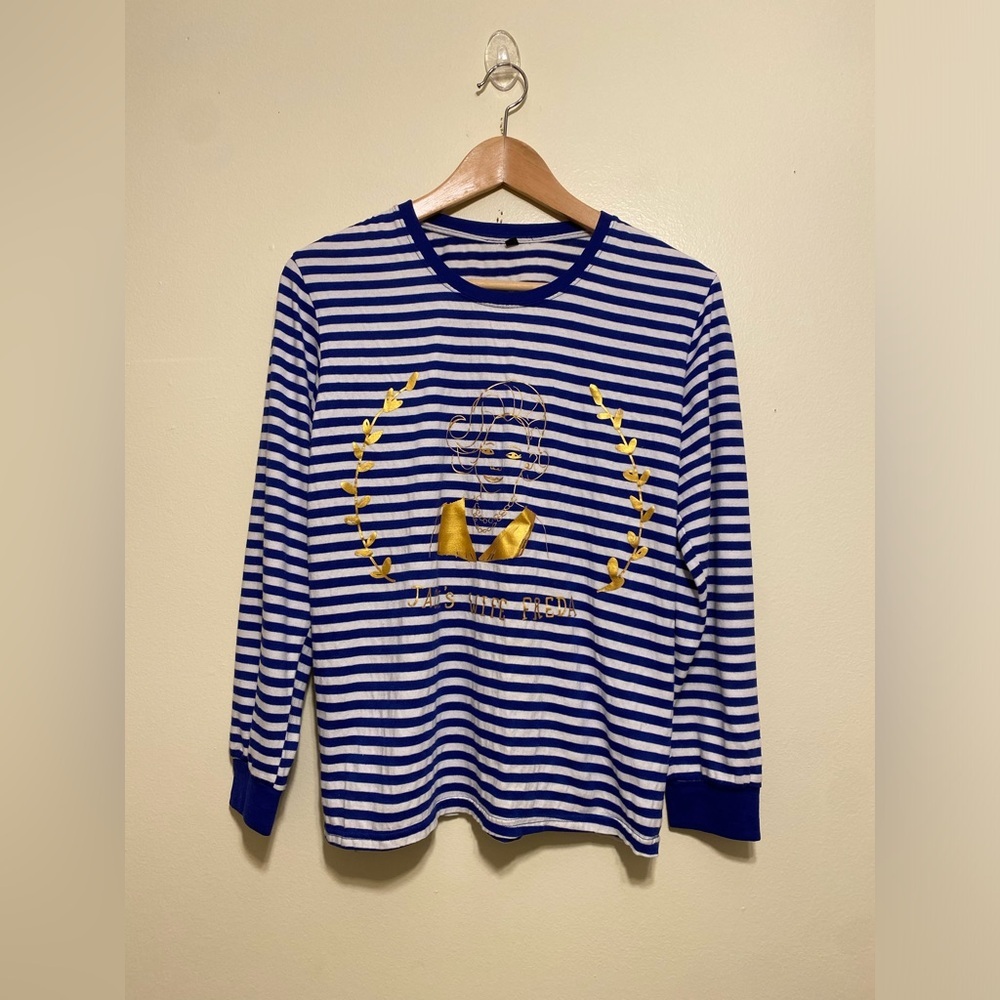 JACK’s WIFE FREDA Striped Blue & White Long Sleeve Top with Gold Accent. Size S